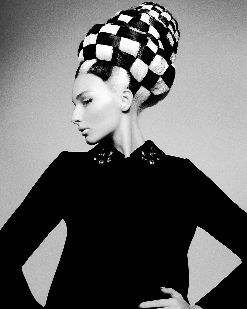 Jude McEwen  - BHA International Collection of the Year 2025 - Chequered Black and White Woven Updo