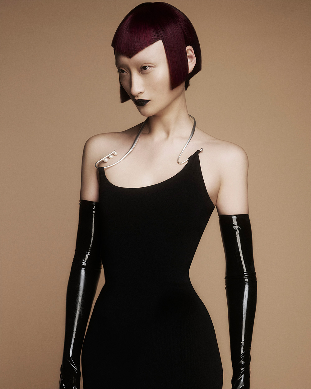 Bernadette Beswick - BHA International Collection of the Year 2025 - Dark Red Bob with Blunt Fringe