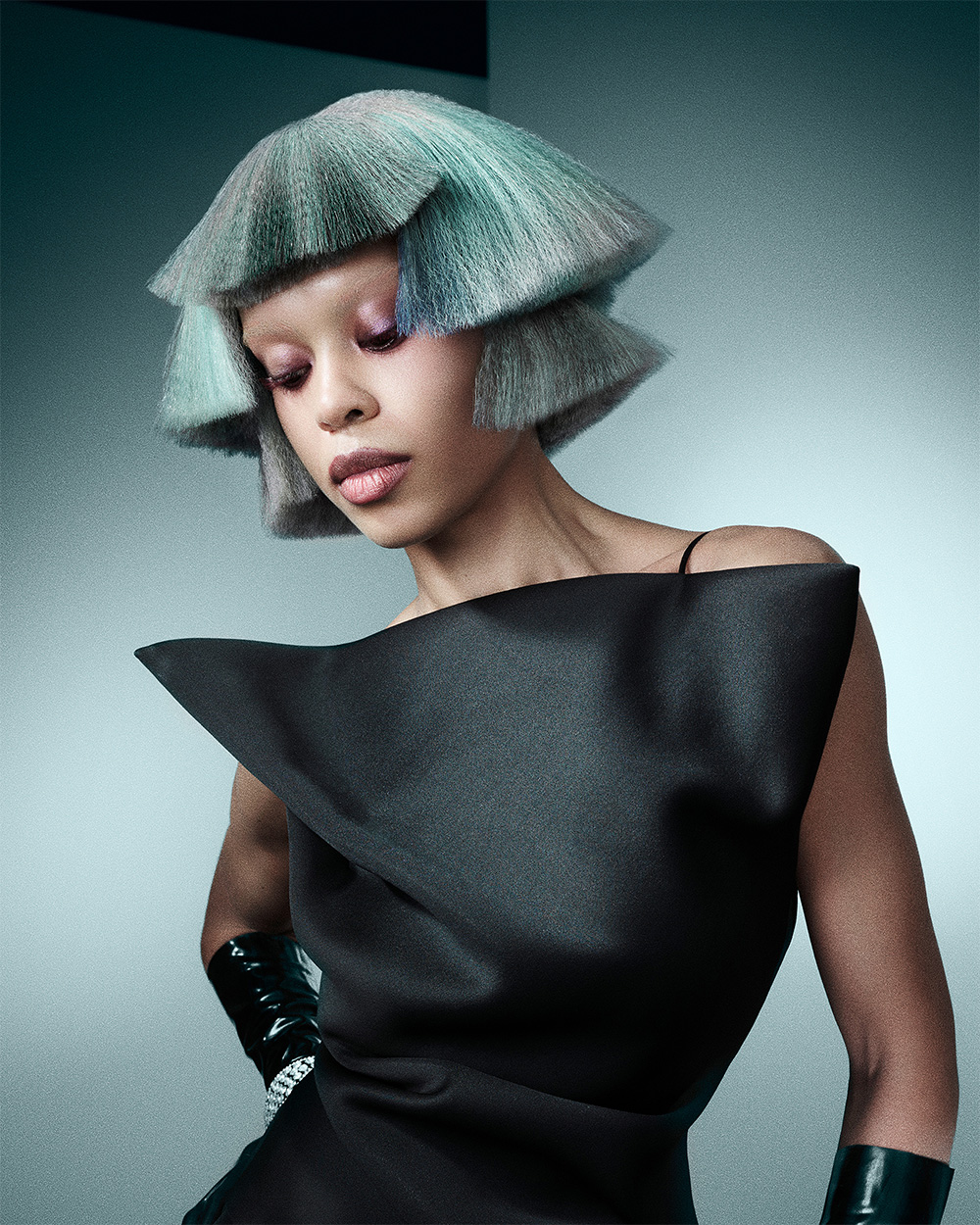 Elle Page - BHA London Hairdresser of the Year 2025 - Pale Green Multi Layered Bob With Fringe