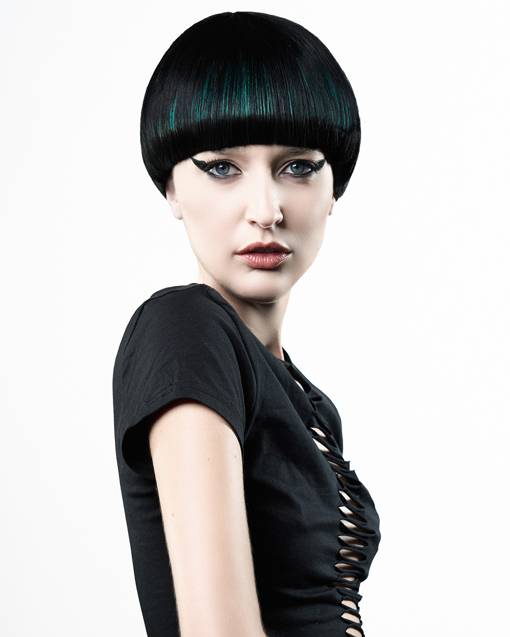 Ashley Long - BHA Southern Hairdresser of the Year 2025 - Black Bowl Cut with Teal Peekaboo Panels