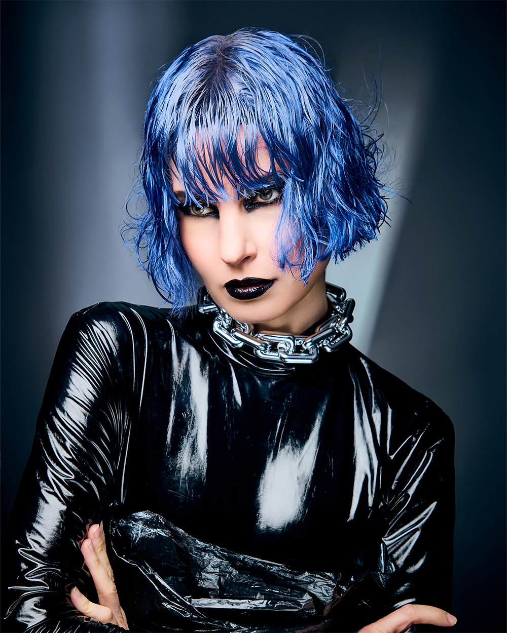 Fergal Doyle and Brandon Messinger - BHA Wales and South West Hairdresser of the Year 2025 - Wet Look Blue Vibrant Bob With Fringe