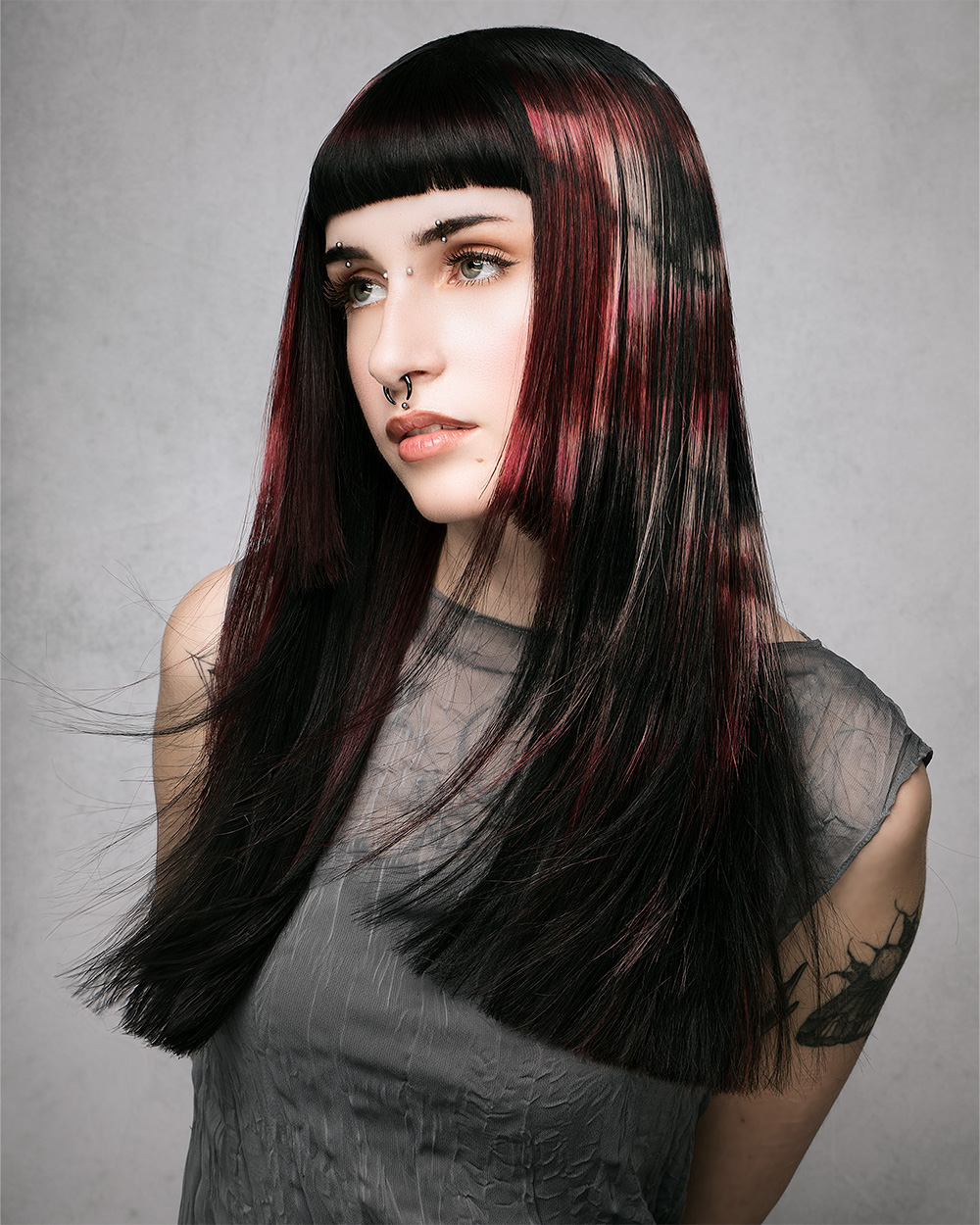 Josh and Sophie Goldsworthy - BHA Wales and South West Hairdresser of the Year 2025 - Straight Black Cut with Fringe and Pink Woven Sections