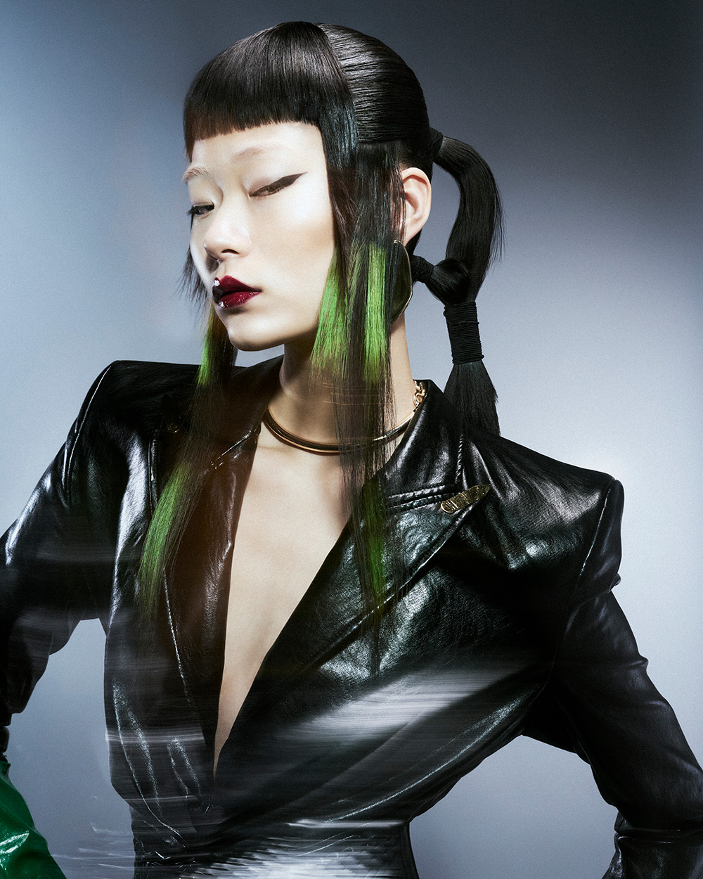 Black Sleek Ponytail with Green Highlights and Micro Fringe – Danilo Giangreco and Emy Roccabella – BHA London Hairdresser of the Year 2026 Finalist Collection