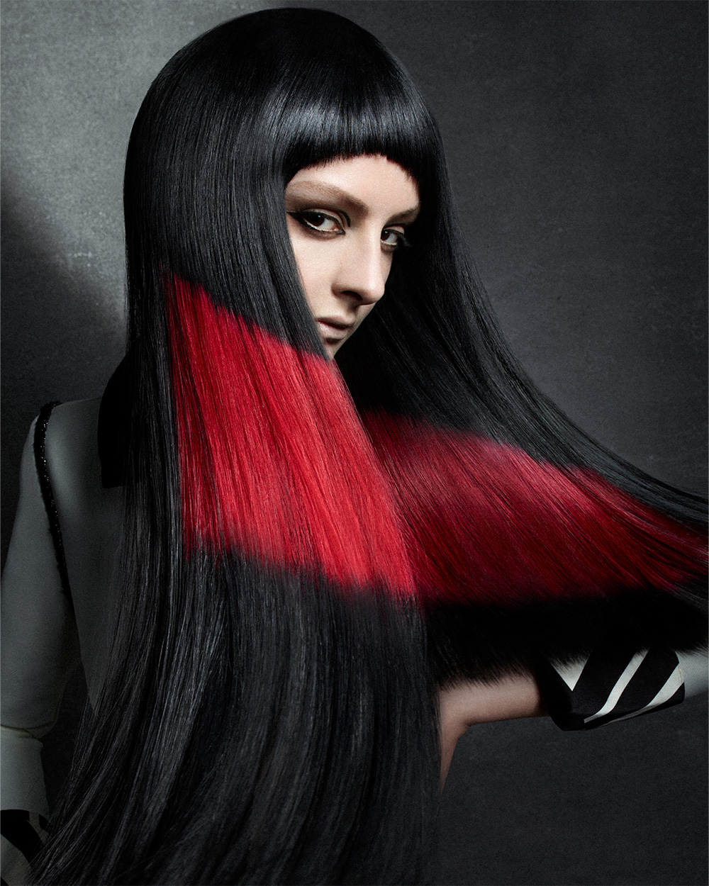 Long Black Hair with Red Colour Panel - Seung ki Baek - BHA Southern Hairdresser of the Year 2026 Finalist Collection