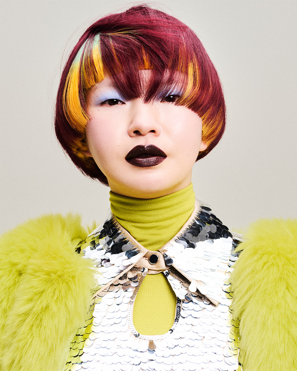 Burgundy Pageboy with Yellow Colour Blocking – Paul Ralph & Hiro Kudo – BHA Scotland Hairdresser of the Year 2026 Finalist Collection