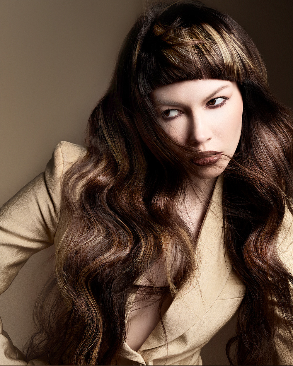 Long Brunette Waves with Blunt Micro Fringe – Charlie Taylor – BHA Scotland Hairdresser of the Year 2026 Finalist Collection