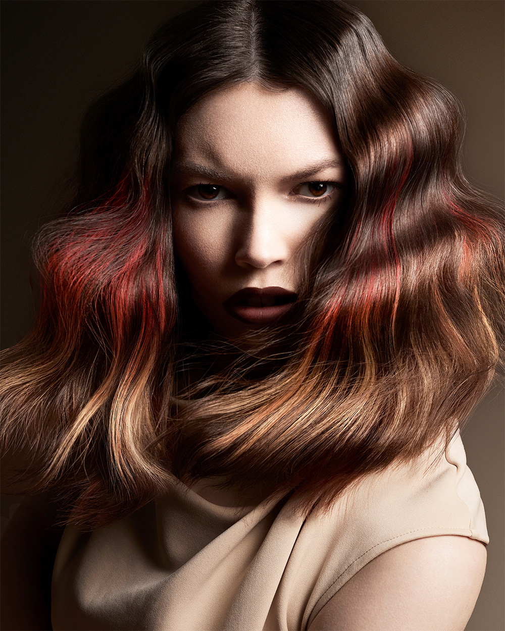 Brunette Waves with Red Colour Accents – Charlie Taylor – BHA Scotland Hairdresser of the Year 2026 Finalist Collection